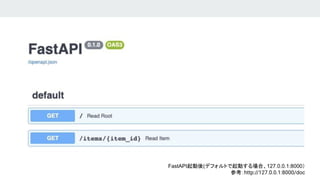 FastAPI起動後(デフォルトで起動する場合、127.0.0.1:8000）
参考：http://127.0.0.1:8000/doc
 