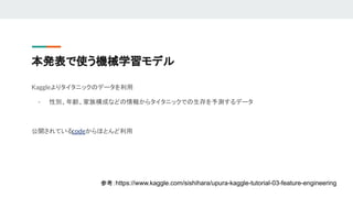 本発表で使う機械学習モデル
Kaggleよりタイタニックのデータを利用
- 性別、年齢、家族構成などの情報からタイタニックでの生存を予測するデータ
公開されているcodeからほとんど利用
参考：https://www.kaggle.com/sishihara/upura-kaggle-tutorial-03-feature-engineering
 