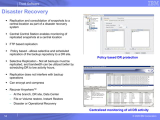 Disaster Recovery Replication and consolidation of snapshots to a central location as part of a disaster recovery system Central Control Station enables monitoring of replicated snapshots at a central location  FTP based replication Policy based - allows selective and scheduled replication of the backup repository to a DR site. Selective Replication - Not all backups must be replicated, and bandwidth can be utilized better by scheduling DR to low activity hours. Replication does not interfere with backup operations Can encrypt and compress Recover Anywhere™ At the branch, DR site, Data Center File or Volume restore, Instant Restore Disaster or Operational Recovery Policy based DR protection Centralized monitoring of all DR activity 
