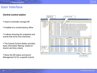 User Interface Central control station Used to Centrally manage DR  Installed at a central backup office.  It allows browsing for snapshots and events that arrive from branches. The Central Control Station provides basic information filtering, based on branch and time criteria Show the DR status and launch Management UI for a specific branch. 
