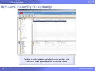 Item Level Recovery for Exchange Restore e-mail message and attachments, contact lists, calendars, tasks, journal entries, and entire folders   