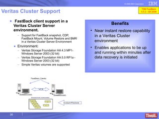 FastBack client support in a Veritas Cluster Server environment. Support for FastBack snapshot, CDP, FastBack Mount, Volume Restore and BMR in a Veritas Cluster Server Environment Environment: Veritas Storage Foundation HA 4.3 MP1- Windows Server 2003 (32 bit)   Veritas Storage Foundation HA 5.0 RP1a   - Windows Server 2003 (32 bit)   Simple Veritas volumes are supported Veritas Cluster Support Benefits Near instant restore capability in a Veritas Cluster environment Enables applications to be up and running within minutes after data recovery is initiated TSM FastBack 5.5.2 - Q4 2008 