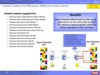Instant restore for Windows 2008 and Vista clients Instant restore support for: Windows Server 2008 Standard Edition x86/x64 Windows Server 2008 Enterprise Edition x86/x64 Windows Web Server 2008  x86/x64 Windows Storage Server 2008  x86/x64 Windows Small Business Server 2008  x86 Windows Essential Business Server 2008  x86 Windows Vista Starter  x86 Windows Vista Home Basic  x86/x64 Windows Vista Home Premium  x86/x64 Windows Vista Business  x86/x64 Windows Vista Enterprise  x86/x64 Windows Vista Ultimate  x86/x64 Benefits Instant Restore allows users to start using applications on the same disk to which the volume is being restored, while the restore operation is still in process. TSM FastBack 5.5.3 – Q1 2009 