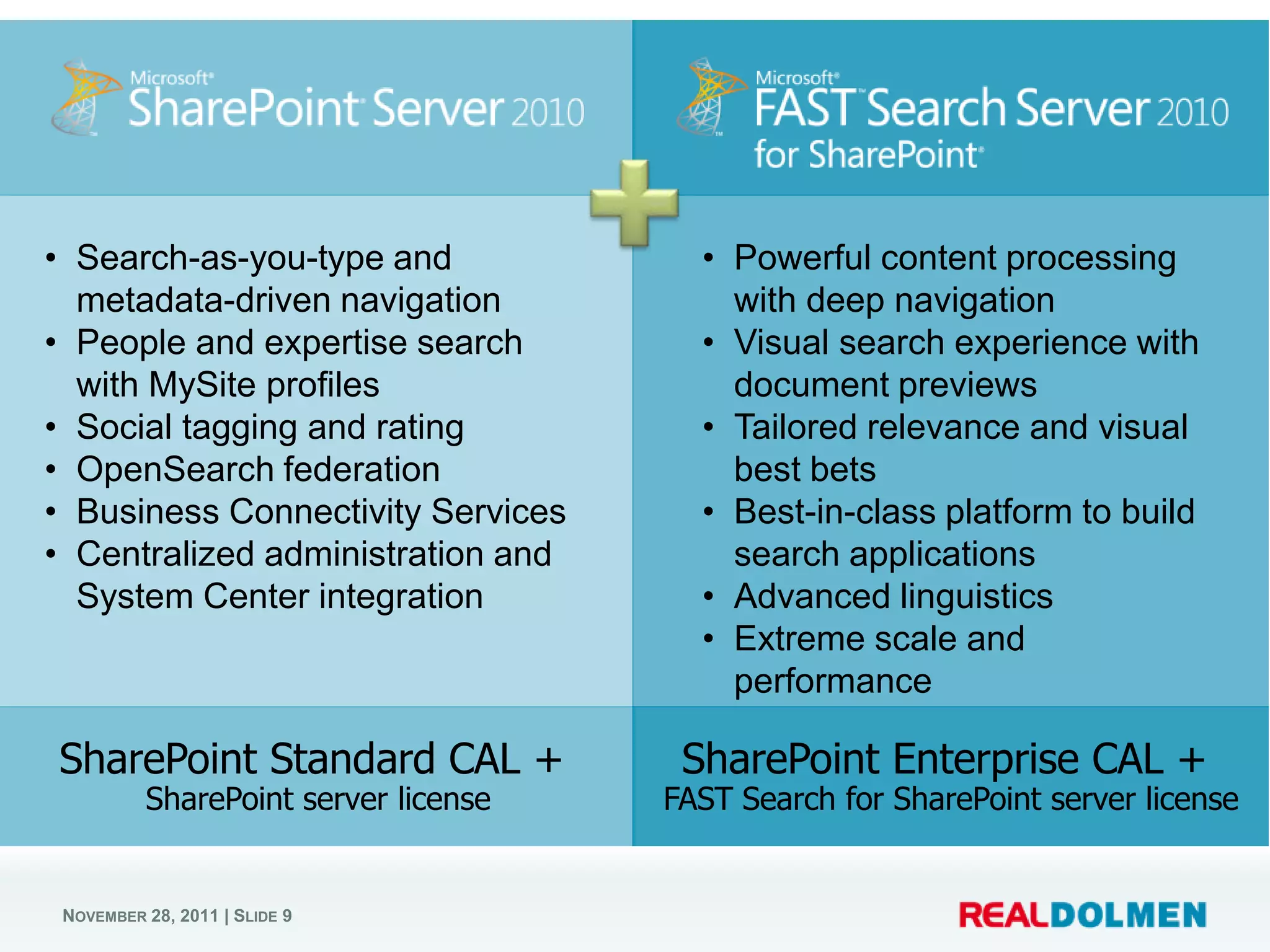 • Search-as-you-type and                • Powerful content processing
  metadata-driven navigation              with deep navigation
• People and expertise search           • Visual search experience with
  with MySite profiles                    document previews
• Social tagging and rating             • Tailored relevance and visual
• OpenSearch federation                   best bets
• Business Connectivity Services        • Best-in-class platform to build
• Centralized administration and          search applications
  System Center integration             • Advanced linguistics
                                        • Extreme scale and
                                          performance

SharePoint Standard CAL +              SharePoint Enterprise CAL +
          SharePoint server license   FAST Search for SharePoint server license


 NOVEMBER 28, 2011 | SLIDE 9
 