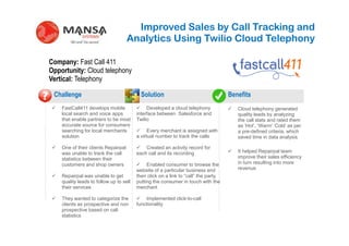 Improved Sales by Call Tracking and
                                         Analytics Using Twilio Cloud Telephony

    Company: Fast Call 411
    Opportunity: Cloud telephony
    Vertical: Telephony

     Challenge                                 Solution                                  Benefits
?       FastCall411 develops mobile               Developed a cloud telephony               Cloud telephony generated
        local search and voice apps          interface between Salesforce and               quality leads by analyzing
        that enable partners to be most      Twilio                                         the call stats and rated them
        accurate source for consumers                                                       as ‘Hot’, ‘Warm’ ‘Cold’ as per
        searching for local merchants              Every merchant is assigned with          a pre-defined criteria, which
        solution                             a virtual number to track the calls            saved time in data analysis

        One of their clients Repairpal           Created an activity record for
        was unable to track the call         each call and its recording                    It helped Repairpal team
        statistics between their                                                            improve their sales efficiency
        customers and shop owners                 Enabled consumer to browse the            in turn resulting into more
                                             website of a particular business and           revenue
        Repairpal was unable to get          then click on a link to “call” the party,
        quality leads to follow up to sell   putting the consumer in touch with the
        their services                       merchant

        They wanted to categorize the            Implemented click-to-call
        clients as prospective and non       functionality
        prospective based on call
        statistics
 