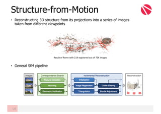 • Reconstructing 3D structure from its projections into a series of images
taken from different viewpoints
• General SfM pipeline
Structure-from-Motion
122
Result	of	Rome	with	21K	registered	out	of	75K	images
 