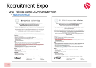 • Vtrus - Robotics scientist , SLAM/Computer Vision
• https://www.vtr.us/
Recruitment Expo
146
 