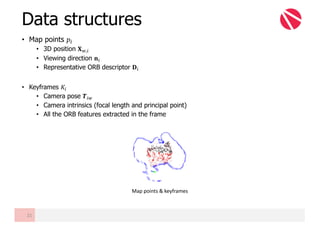 • Map points 𝑝"
• 3D position 𝐗$,"
• Viewing direction 𝐧"
• Representative ORB descriptor 𝐃"
• Keyframes 𝐾"
• Camera pose 𝑻"$
• Camera intrinsics (focal length and principal point)
• All the ORB features extracted in the frame
Data structures
21
Map	points	&	keyframes
 