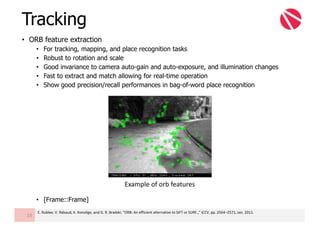 • ORB feature extraction
• For tracking, mapping, and place recognition tasks
• Robust to rotation and scale
• Good invariance to camera auto-gain and auto-exposure, and illumination changes
• Fast to extract and match allowing for real-time operation
• Show good precision/recall performances in bag-of-word place recognition
• [Frame::Frame]
Tracking
23
E.	Rublee,	V.	Rabaud,	K.	Konolige,	and	G.	R.	Bradski,	“ORB:	An	efficient	alternative	to	SIFT	or	SURF.,”	ICCV,	pp.	2564–2571,	Jan.	2011.
Example	of	orb	features
 