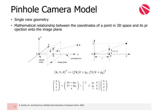 • Single view geometry
• Mathematical relationship between the coordinates of a point in 3D space and its pr
ojection onto the image plane
Pinhole Camera Model
28
A.	Hartley,	R.I.	and	Zisserman,	Multiple	View	Geometry	in	Computer	Vision.	2003.
 