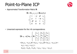 Point-to-Plane ICP
• Approximated Transformation Matrix 𝐌ˆ
• Linearized expression for the i-th correspondence
58
 