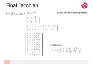 Final Jacobian
84
							
										
																																													
										
																
										
Final	Jacobian	=	
[SE3Tracker::calculateWarpUpdate]𝐽£¤
𝝃Œ" = 𝐽¥¦
𝐽§ 𝐽¨ 𝐽© =
 