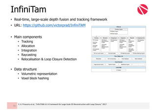 • Real-time, large-scale depth fusion and tracking framework
• URL: https://github.com/victorprad/InfiniTAM
• Main components
• Tracking
• Allocation
• Integration
• Raycasting
• Relocalisation & Loop Closure Detection
• Data structure
• Volumetric representation
• Voxel block hashing
InfiniTam
95
V.	A.	Prisacariu et	al.,	“InfiniTAM v3:	A	Framework	for	Large-Scale	3D	Reconstruction	with	Loop	Closure,”	2017.
 