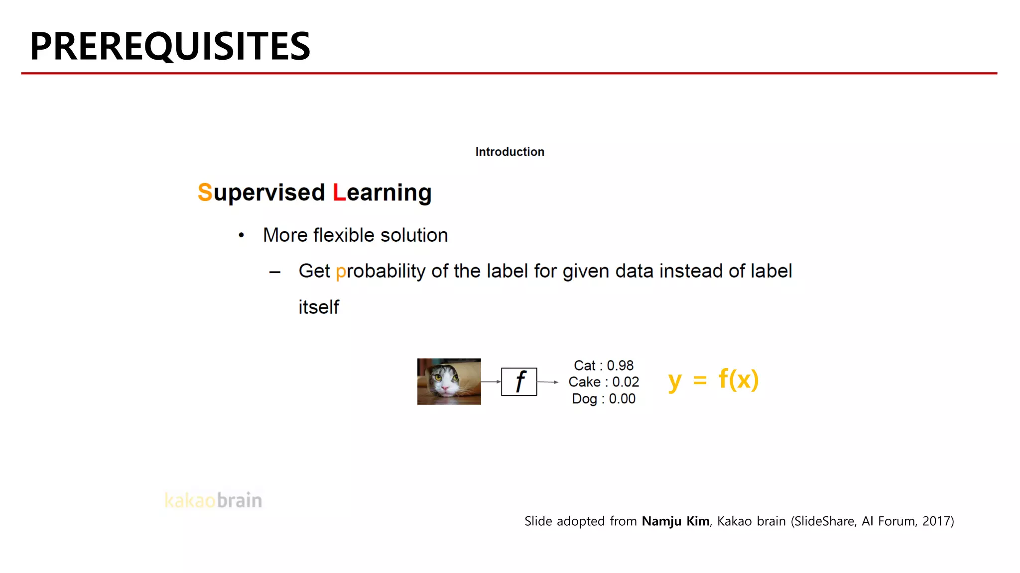 PREREQUISITES
Slide adopted from Namju Kim, Kakao brain (SlideShare, AI Forum, 2017)
y = f(x)
 