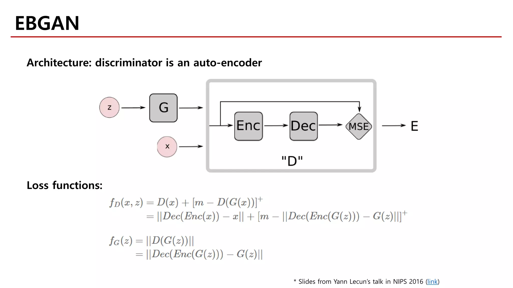 Architecture: discriminator is an auto-encoder
Loss functions:
EBGAN
* Slides from Yann Lecun’s talk in NIPS 2016 (link)
 