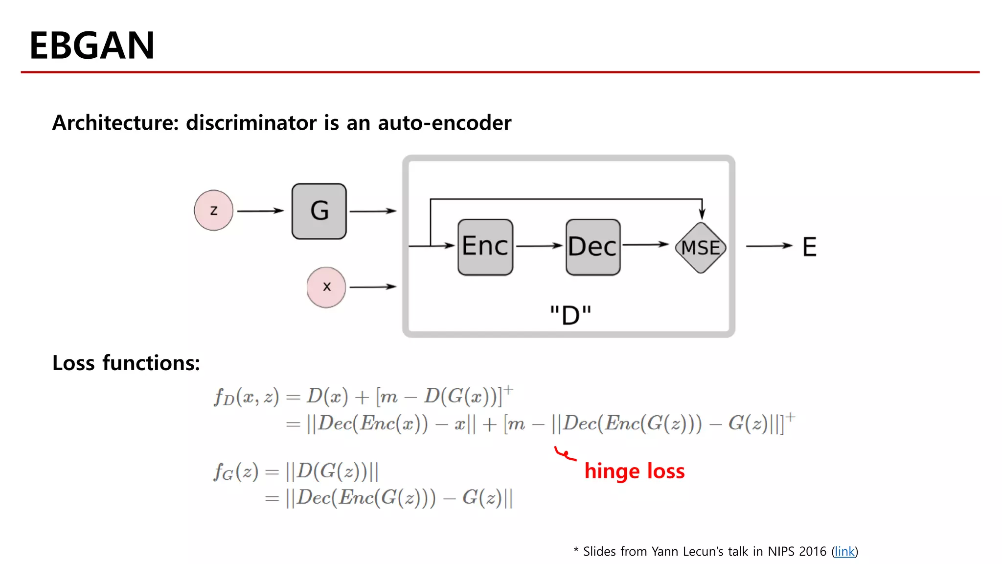 Architecture: discriminator is an auto-encoder
Loss functions:
hinge loss
EBGAN
* Slides from Yann Lecun’s talk in NIPS 2016 (link)
 