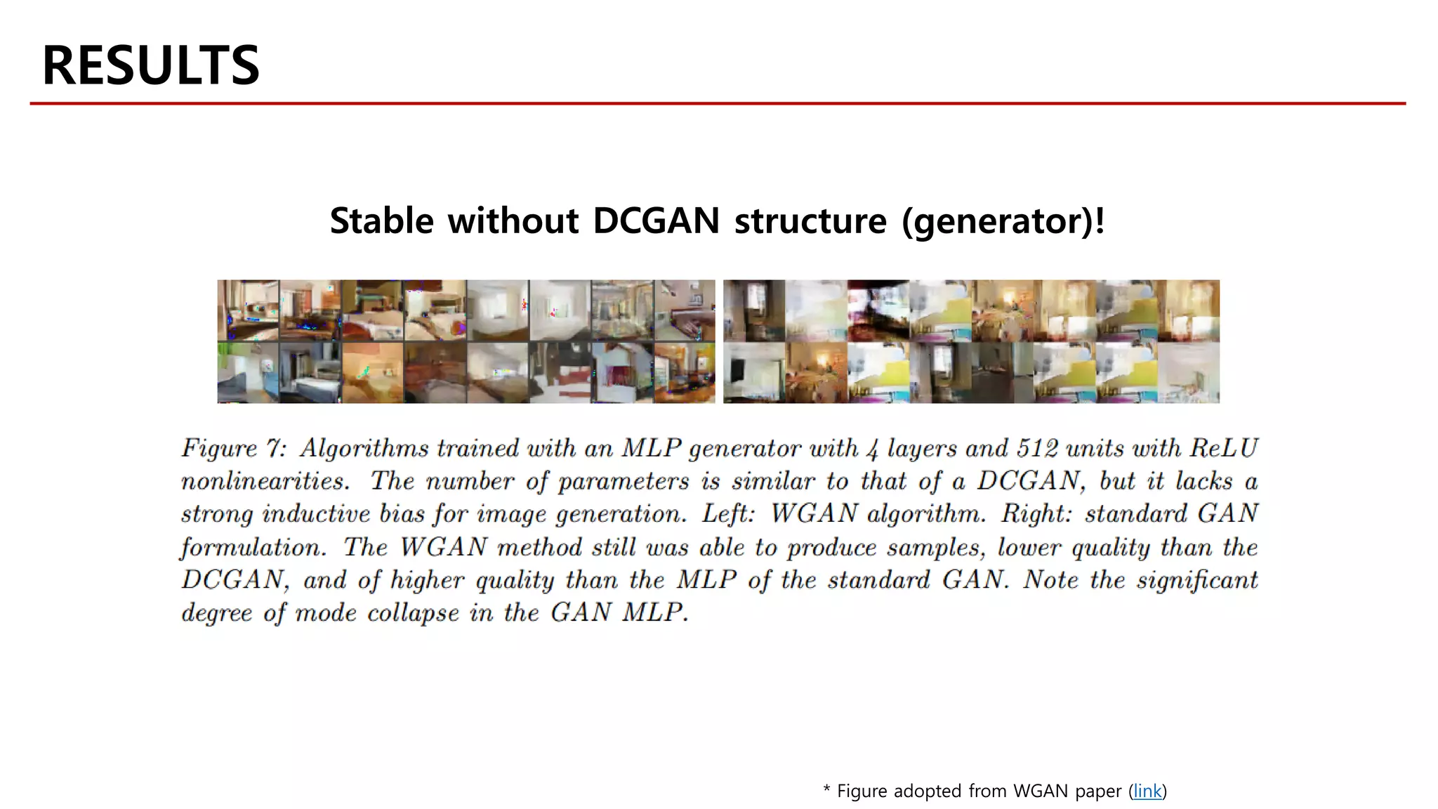 RESULTS
* Figure adopted from WGAN paper (link)
Stable without DCGAN structure (generator)!
 
