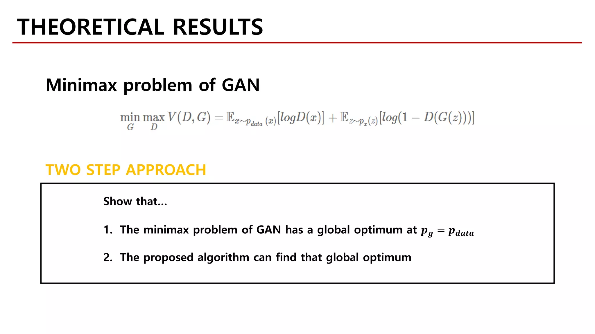 Minimax problem of GAN
THEORETICAL RESULTS
Show that…
1. The minimax problem of GAN has a global optimum at 𝒑𝒑𝒈𝒈 = 𝒑𝒑𝒅𝒅𝒅𝒅𝒅𝒅𝒅𝒅
2. The proposed algorithm can find that global optimum
TWO STEP APPROACH
 