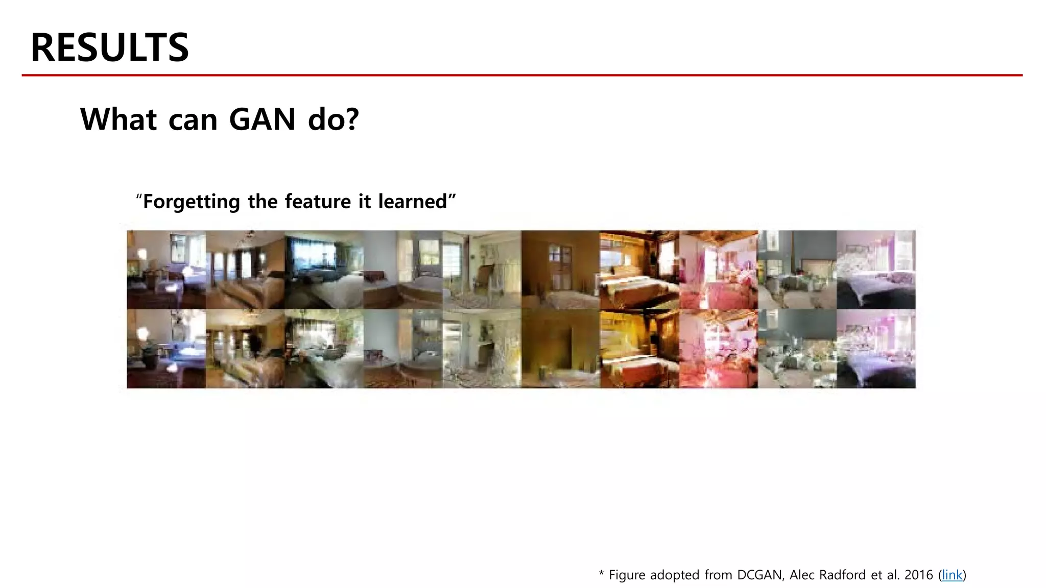RESULTS
* Figure adopted from DCGAN, Alec Radford et al. 2016 (link)
What can GAN do?
“Forgetting the feature it learned”
 