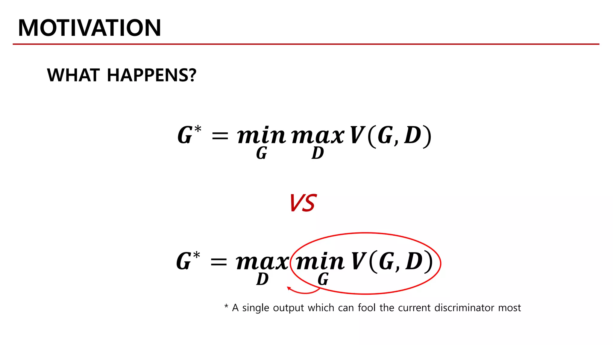 MOTIVATION
WHAT HAPPENS?
VS
𝑮𝑮∗
= 𝒎𝒎𝒎𝒎 𝒎𝒎
𝑮𝑮
𝒎𝒎𝒎𝒎𝒎𝒎
𝑫𝑫
𝑽𝑽(𝑮𝑮, 𝑫𝑫)
𝑮𝑮∗
= 𝒎𝒎𝒎𝒎𝒎𝒎
𝑫𝑫
𝒎𝒎𝒎𝒎 𝒎𝒎
𝑮𝑮
𝑽𝑽 𝑮𝑮, 𝑫𝑫
* A single output which can fool the current discriminator most
 