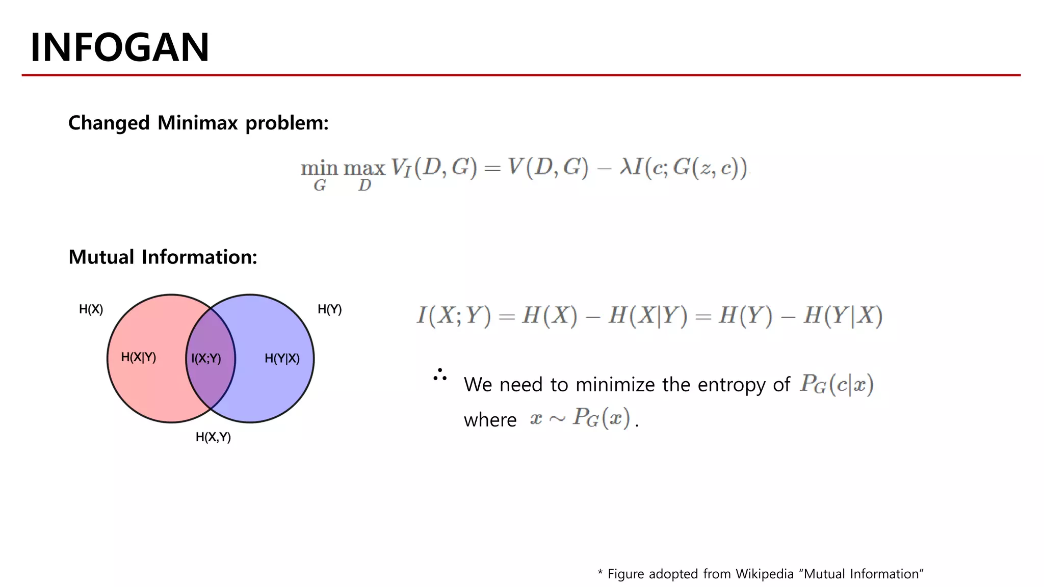 INFOGAN
* Figure adopted from Wikipedia “Mutual Information”
Changed Minimax problem:
Mutual Information:
∴ We need to minimize the entropy of
where .
 
