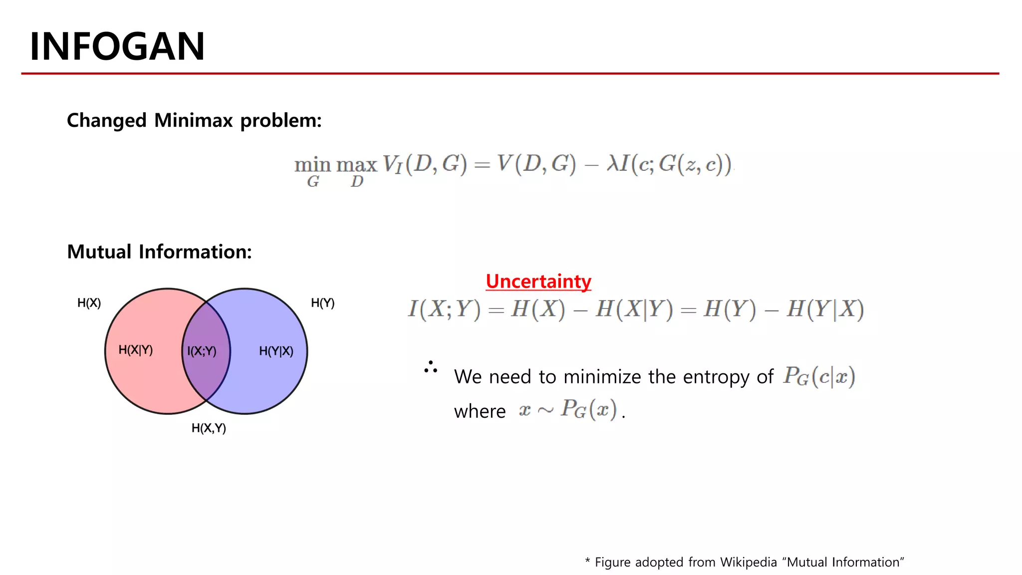INFOGAN
* Figure adopted from Wikipedia “Mutual Information”
Changed Minimax problem:
Mutual Information:
∴ We need to minimize the entropy of
where .
Uncertainty
 