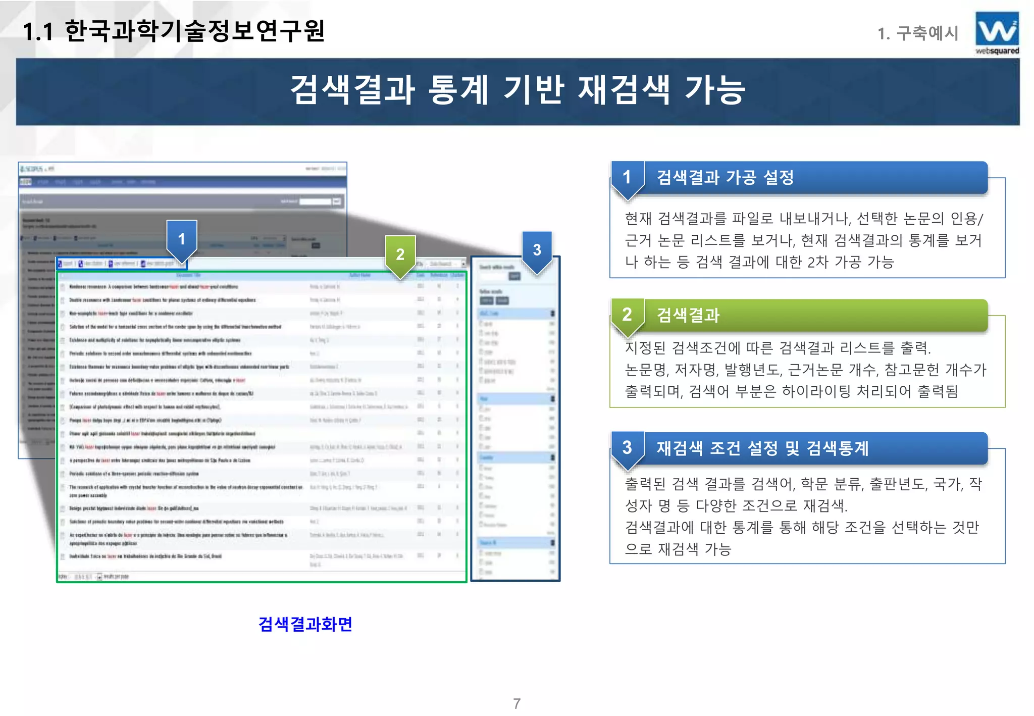77
검색결과화면
1.1 한국과학기술정보연구원 1. 구축예시
검색결과 통계 기반 재검색 가능
1
2
검색결과 가공 설정
현재 검색결과를 파일로 내보내거나, 선택한 논문의 인용/
근거 논문 리스트를 보거나, 현재 검색결과의 통계를 보거
나 하는 등 검색 결과에 대한 2차 가공 가능
1
검색결과
지정된 검색조건에 따른 검색결과 리스트를 출력.
논문명, 저자명, 발행년도, 근거논문 개수, 참고문헌 개수가
출력되며, 검색어 부분은 하이라이팅 처리되어 출력됨
2
재검색 조건 설정 및 검색통계
출력된 검색 결과를 검색어, 학문 분류, 출판년도, 국가, 작
성자 명 등 다양한 조건으로 재검색.
검색결과에 대한 통계를 통해 해당 조건을 선택하는 것만
으로 재검색 가능
3
3
 