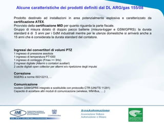 Ingressi dei convertitori di volumi PTZ 1 ingresso di pressione assoluta 1 ingresso di temperatura PT1000 1 ingresso di conteggio (Fmax >= 3Hz) 2 ingressi digitale (Allarmi o contatori ausiliari) 2 uscite digitali open collector per allarmi e/o ripetizione degli impulsi Correzione SGERG a norme ISO12213, … Comunicazione modem GSM/GPRS integrato e sostituibile con protocollo CTR (UNI/TS 11291) Capacità di accettare altri moduli di comunicazione (wireless, WM-Bus, ….) Alcune caratteristiche dei prodotti definiti dal DL ARG/gas 155/08   Prodotto destinato ad installazioni in area potenzialmente esplosiva e caratterizzato da  certificazione ATEX . Provvisto della  certificazione MID  per quanto riguarda la parte fiscale. Gruppo di misura dotato di doppio pacco batterie (misura-logger e GSM/GPRS): la durata standard è di  5 anni per i GdM industriali mentre per le utenze domestiche si arriverà anche a 15 anni che è considerata la durata standard del contatore.  