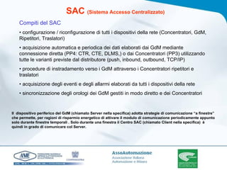 SAC  (Sistema Accesso Centralizzato) Compiti del SAC •  configurazione / riconfigurazione di tutti i dispositivi della rete (Concentratori, GdM, Ripetitori, Traslatori) •  acquisizione automatica e periodica dei dati elaborati dai GdM mediante connessione diretta (PP4: CTR, CTE, DLMS,) o dai Concentratori (PP3) utilizzando tutte le varianti previste dal distributore (push, inbound, outbound, TCP/IP) •  procedure di instradamento verso i GdM attraverso i Concentratori ripetitori e traslatori •  acquisizione degli eventi e degli allarmi elaborati da tutti i dispositivi della rete •  sincronizzazione degli orologi dei GdM gestiti in modo diretto e dei Concentratori Il  dispositivo periferico del GdM (chiamato Server nella specifica) adotta strategie di comunicazione “a finestre” che permette, per ragioni di risparmio energetico di attivare il modulo di comunicazione periodicamente appunto solo durante finestre temporali . Solo durante una finestra il Centro SAC (chiamato Client nella specifica)  è quindi in grado di comunicare col Server.  