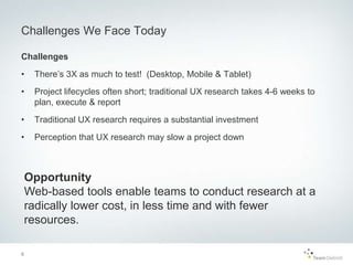 Challenges
• There’s 3X as much to test! (Desktop, Mobile & Tablet)
• Project lifecycles often short; traditional UX resea...