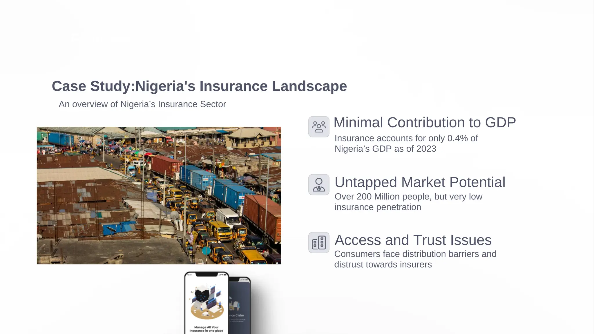 Minimal Contribution to GDP
Insurance accounts for only 0.4% of
Nigeria’s GDP as of 2023
Access and Trust Issues
Consumers face distribution barriers and
distrust towards insurers
Untapped Market Potential
Over 200 Million people, but very low
insurance penetration
Case Study:Nigeria's Insurance Landscape
An overview of Nigeria’s Insurance Sector
FastClaim
 