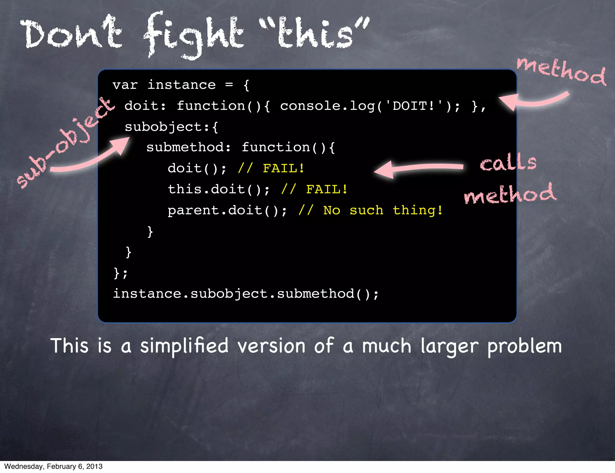 Don’t ﬁght “this”
                                                             meth
                  var instance = {
                                                                 od
                 t! doit: function(){ console.log('DOIT!'); },
                c ! subobject:{
             je
            b ! ! submethod: function(){
          o
       b-                                                    calls
    su
                  ! ! ! doit(); // FAIL!
                  ! ! ! this.doit(); // FAIL!
                  ! ! ! parent.doit(); // No such thing!
                                                           metho d
                  !! }
                  !}
                  };
                  instance.subobject.submethod();


            This is a simpliﬁed version of a much larger problem




Wednesday, February 6, 2013
 