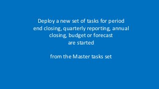 Deploy a new set of tasks for period
end closing, quarterly reporting, annual
closing, budget or forecast
are started
from...