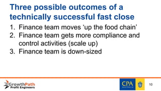 Three possible outcomes of a
technically successful fast close
1. Finance team moves ‘up the food chain’
2. Finance team gets more compliance and
control activities (scale up)
3. Finance team is down-sized
10
 