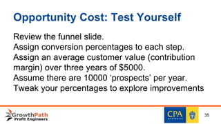 Opportunity Cost: Test Yourself
Review the funnel slide.
Assign conversion percentages to each step.
Assign an average customer value (contribution
margin) over three years of $5000.
Assume there are 10000 ‘prospects’ per year.
Tweak your percentages to explore improvements
35
 