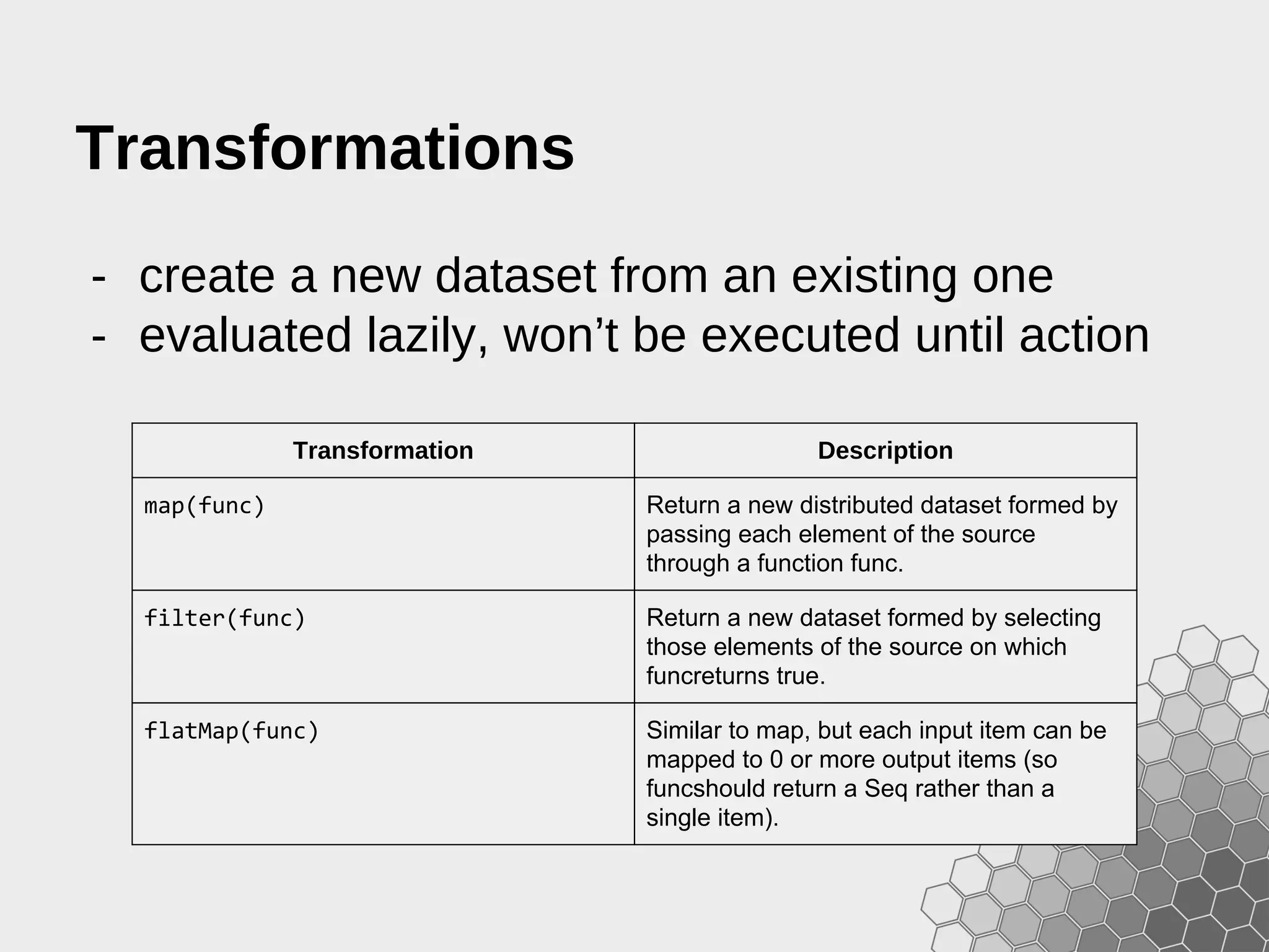 Transformations - create a new dataset from an existing one - evaluated lazily, won’t be executed until action Transformation Description map(func) Return a new distributed dataset formed by passing each element of the source through a function func. filter(func) Return a new dataset formed by selecting those elements of the source on which funcreturns true. flatMap(func) Similar to map, but each input item can be mapped to 0 or more output items (so funcshould return a Seq rather than a single item). 