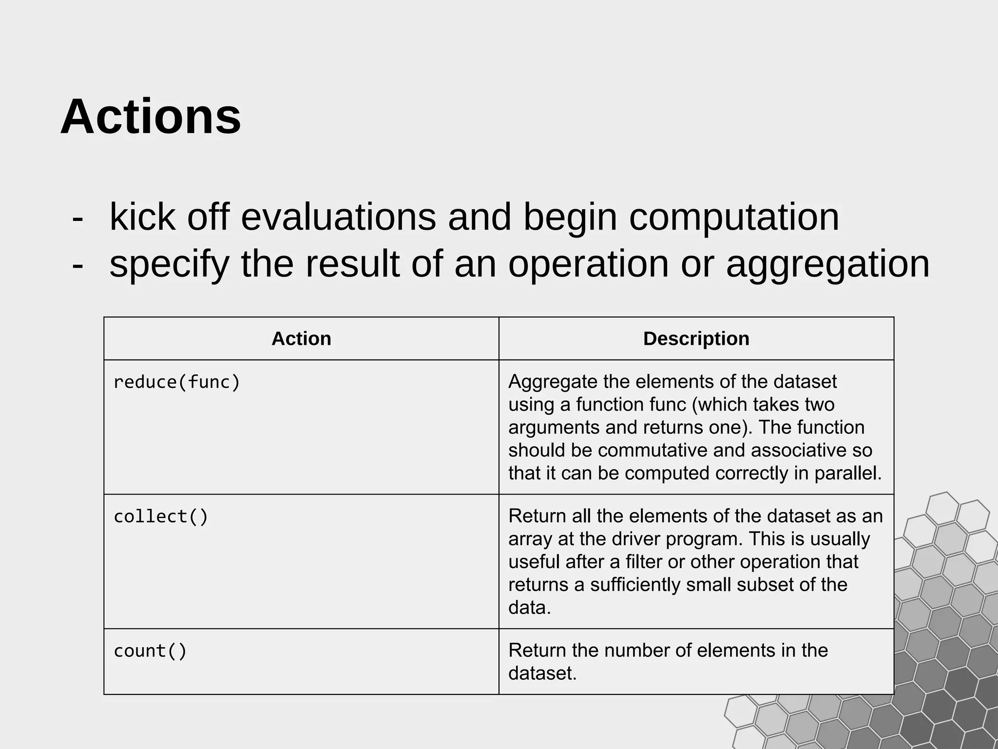 Actions - kick off evaluations and begin computation - specify the result of an operation or aggregation Action Description reduce(func) Aggregate the elements of the dataset using a function func (which takes two arguments and returns one). The function should be commutative and associative so that it can be computed correctly in parallel. collect() Return all the elements of the dataset as an array at the driver program. This is usually useful after a filter or other operation that returns a sufficiently small subset of the data. count() Return the number of elements in the dataset. 