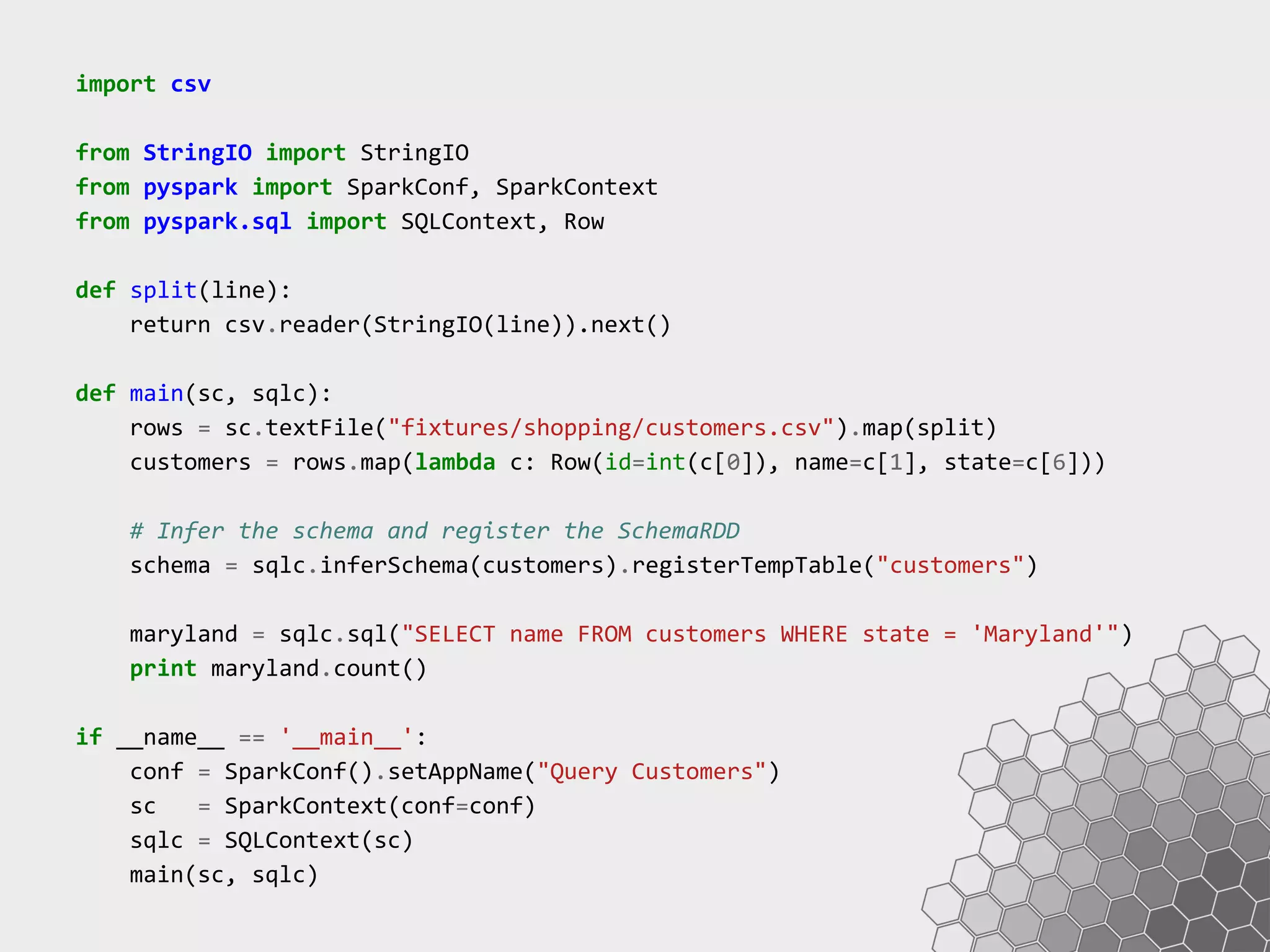 import csv from StringIO import StringIO from pyspark import SparkConf, SparkContext from pyspark.sql import SQLContext, Row def split(line): return csv.reader(StringIO(line)).next() def main(sc, sqlc): rows = sc.textFile("fixtures/shopping/customers.csv").map(split) customers = rows.map(lambda c: Row(id=int(c[0]), name=c[1], state=c[6])) # Infer the schema and register the SchemaRDD schema = sqlc.inferSchema(customers).registerTempTable("customers") maryland = sqlc.sql("SELECT name FROM customers WHERE state = 'Maryland'") print maryland.count() if __name__ == '__main__': conf = SparkConf().setAppName("Query Customers") sc = SparkContext(conf=conf) sqlc = SQLContext(sc) main(sc, sqlc) 