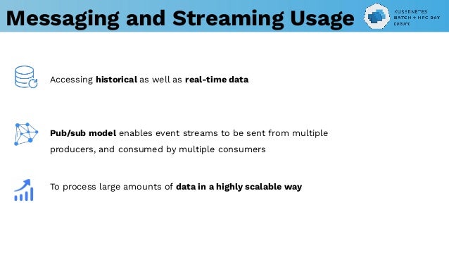 Accessing historical as well as real-time data
Pub/sub model enables event streams to be sent from multiple
producers, and consumed by multiple consumers
To process large amounts of data in a highly scalable way
Messaging and Streaming Usage
 