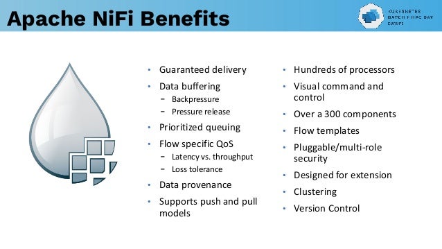 Apache NiFi Beneﬁts
https://www.influxdata.com/integration/mqtt-monitoring/
https://www.influxdata.com/integration/mqtt-monitoring/
• Guaranteed delivery
• Data buffering
- Backpressure
- Pressure release
• Prioritized queuing
• Flow specific QoS
- Latency vs. throughput
- Loss tolerance
• Data provenance
• Supports push and pull
models
• Hundreds of processors
• Visual command and
control
• Over a 300 components
• Flow templates
• Pluggable/multi-role
security
• Designed for extension
• Clustering
• Version Control
 