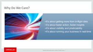 Copyright © 2014, Oracle and/or its affiliates. All rights reserved. |
Why Do We Care?
 It’s about getting more from in-flight data
 It’s about faster action, faster insights
 It’s about visibility and predictability
 It’s about running your business in real-time
 