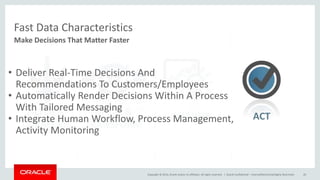 Copyright © 2014, Oracle and/or its affiliates. All rights reserved. |
Fast Data Characteristics
Oracle Confidential – Internal/Restricted/Highly Restricted 20
ANALYZEMOVE &
TRANSFORM
FILTER &
CORRELATE
ACT
Make Decisions That Matter Faster
• Deliver Real-Time Decisions And
Recommendations To Customers/Employees
• Automatically Render Decisions Within A Process
With Tailored Messaging
• Integrate Human Workflow, Process Management,
Activity Monitoring
 