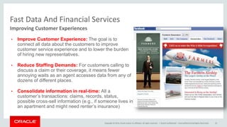 Copyright © 2014, Oracle and/or its affiliates. All rights reserved. |
Fast Data And Financial Services
Oracle Confidential – Internal/Restricted/Highly Restricted 22
Improving Customer Experiences
• Improve Customer Experience: The goal is to
connect all data about the customers to improve
customer service experience and to lower the burden
of hiring new representatives.
• Reduce Staffing Demands: For customers calling to
discuss a claim or their coverage, it means fewer
annoying waits as an agent accesses data from any of
dozens of different places.
• Consolidate information in real-time: All a
customer’s transactions: claims, records, status,
possible cross-sell information (e.g., if someone lives in
an apartment and might need renter’s insurance)
 