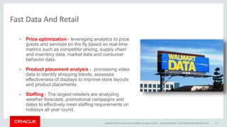 Copyright © 2014, Oracle and/or its affiliates. All rights reserved. |
Fast Data And Retail
Oracle Confidential – Internal/Restricted/Highly Restricted 23
• Price optimization - leveraging analytics to price
goods and services on the fly based on real-time
metrics such as competitor pricing, supply chain
and inventory data, market data and consumer
behavior data.
• Product placement analysis - processing video
data to identify shopping trends, assesses
effectiveness of displays to improve store layouts
and product placements.
• Staffing - The largest retailers are analyzing
weather forecasts, promotional campaigns and
dates to effectively meet staffing requirements on
holidays all year round.
 