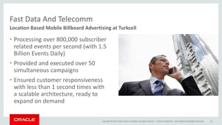 Copyright © 2014, Oracle and/or its affiliates. All rights reserved. |
Fast Data And Telecomm
Oracle Confidential – Internal/Restricted/Highly Restricted 25
Location Based Mobile Billboard Advertising at Turkcell
• Processing over 800,000 subscriber
related events per second (with 1.5
Billion Events Daily)
• Provided and executed over 50
simultaneous campaigns
• Ensured customer responsiveness
with less than 1 second times with
a scalable architecture, ready to
expand on demand
 