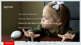Copyright © 2014, Oracle and/or its affiliates. All rights reserved. |
Agenda
49
Fast Data Definition
Popular Open Source Platforms
What Do We Want To Be When We Grow Up?
Refreshments
 