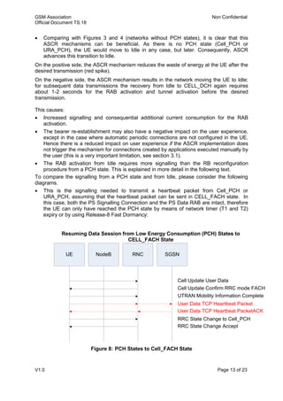 GSM Association Non Confidential
Official Document TS.18
V1.0 Page 13 of 23
 Comparing with Figures 3 and 4 (networks without PCH states), it is clear that this
ASCR mechanisms can be beneficial. As there is no PCH state (Cell_PCH or
URA_PCH), the UE would move to Idle in any case, but later. Consequently, ASCR
advances this transition to Idle.
On the positive side, the ASCR mechanism reduces the waste of energy at the UE after the
desired transmission (red spike).
On the negative side, the ASCR mechanism results in the network moving the UE to Idle;
for subsequent data transmissions the recovery from Idle to CELL_DCH again requires
about 1-2 seconds for the RAB activation and tunnel activation before the desired
transmission.
This causes:
 Increased signalling and consequential additional current consumption for the RAB
activation.
 The bearer re-establishment may also have a negative impact on the user experience,
except in the case where automatic periodic connections are not configured in the UE.
Hence there is a reduced impact on user experience if the ASCR implementation does
not trigger the mechanism for connections created by applications executed manually by
the user (this is a very important limitation, see section 3.1).
 The RAB activation from Idle requires more signalling than the RB reconfiguration
procedure from a PCH state. This is explained in more detail in the following text.
To compare the signalling from a PCH state and from Idle, please consider the following
diagrams.
 This is the signalling needed to transmit a heartbeat packet from Cell_PCH or
URA_PCH, assuming that the heartbeat packet can be sent in CELL_FACH state. In
this case, both the PS Signalling Connection and the PS Data RAB are intact, therefore
the UE can only have reached the PCH state by means of network timer (T1 and T2)
expiry or by using Release-8 Fast Dormancy:
Resuming Data Session from Low Energy Consumption (PCH) States to
CELL_FACH State
Figure 8: PCH States to Cell_FACH State
UE NodeB RNC SGSN
Cell Update User Data
Cell Update Confirm RRC mode FACH
User Data TCP Heartbeat Packet
User Data TCP Heartbeat PacketACK
RRC State Change to Cell_PCH
RRC State Change Accept
UTRAN Mobility Information Complete
 