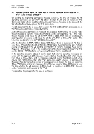 GSM Association Non Confidential
Official Document TS.18
V1.0 Page 16 of 23
3.7 What happens if the UE uses ASCR and the network moves the UE to
PCH state instead of IDLE?
On sending the Signalling Connection Release Indication, the UE will release the PS
Signalling connection as per 3GPP TS 25.331 Section 8.1.14, and will remain in RRC
Connected Mode with no established signalling connection. According to the standard, the
UE will not autonomously release the RRC connection.
The UE assumes that the Iu connection between the RNC and the SGSN is released due to
the PS signalling connection release by the UE.
As the PS signalling connection is released, it is expected that the RNC will send a Radio
Bearer Release to explicitly release the PS RAB and the corresponding RB. This Radio
Bearer Release could move the UE to URA_PCH or CELL_PCH state or a subsequent
reconfiguration procedure could move the UE to URA_PCH or CELL_PCH state. This
behaviour can be referred to as “PCH State after ASCR”.
After the transition to URA_PCH or CELL_PCH state, if there is subsequent PS data to
send then, PS data from the UE or from the RNC (Paging Type1 containing Core Network
paging) would result in the UE sending an Initial Direct Transfer message (NAS Service
Request). That should result in the establishment of the Iu connection between the RNC
and the SGSN. A PS RAB and corresponding RB could then be established.
In the signalling diagrams above, it can be seen that only five signalling messages are
saved with this approach (20 messages required before “heartbeat packet” when moving
from IDLE to CELL_DCH, and 15 messages required before “heartbeat packet” when
moving from PCH to CELL_DCH after “PCH State after ASCR” solution. In contrast, with
Release-8 Fast Dormancy this number of messages drops to three if the data can be sent in
CELL_FACH state, and to ten messages if the UE must move to CELL_DCH state to send
the data (whether the UE can move to CELL_FACH or must move to CELL_DCH depends
on the requirement and response to the TVM).
The signalling flow diagram for this case is as follows:
 