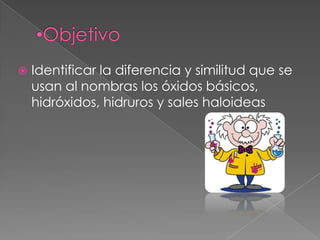 Identificar la diferencia y similitud que se
usan al nombras los óxidos básicos,
hidróxidos, hidruros y sales haloideas