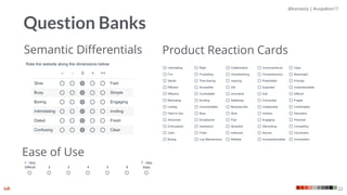 @kaniasty | #uxpabos17
22
Question Banks
Product Reaction CardsSemantic Diﬀerentials
Ease of Use
 